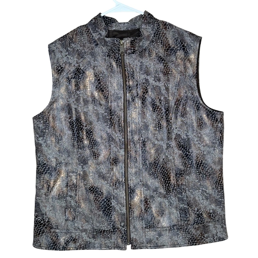 Whimsical Textured Snake Print Zipper Vest Jacket Metallic Accents M Wool Blend